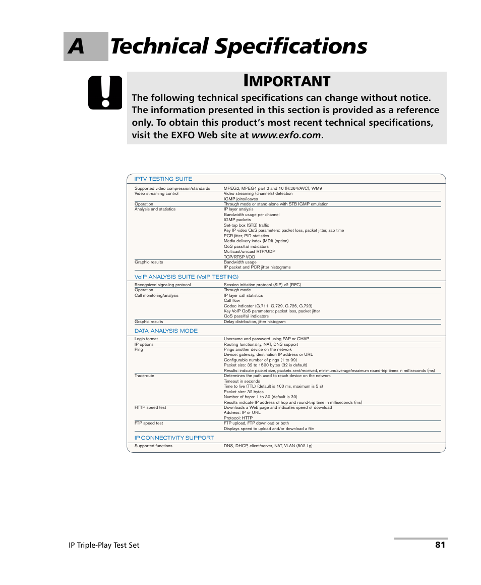 A technical specifications, Mportant, Ip triple-play test set | EXFO AXS-200/650 IP Triple-Play Test Set User Manual | Page 87 / 91