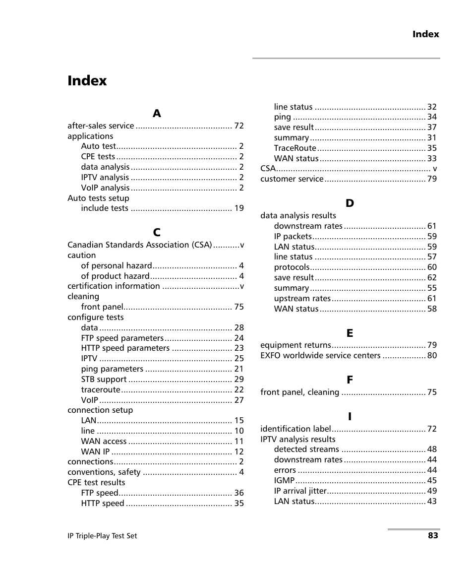 Index | EXFO AXS-200/650 IP Triple-Play Test Set User Manual | Page 89 / 91