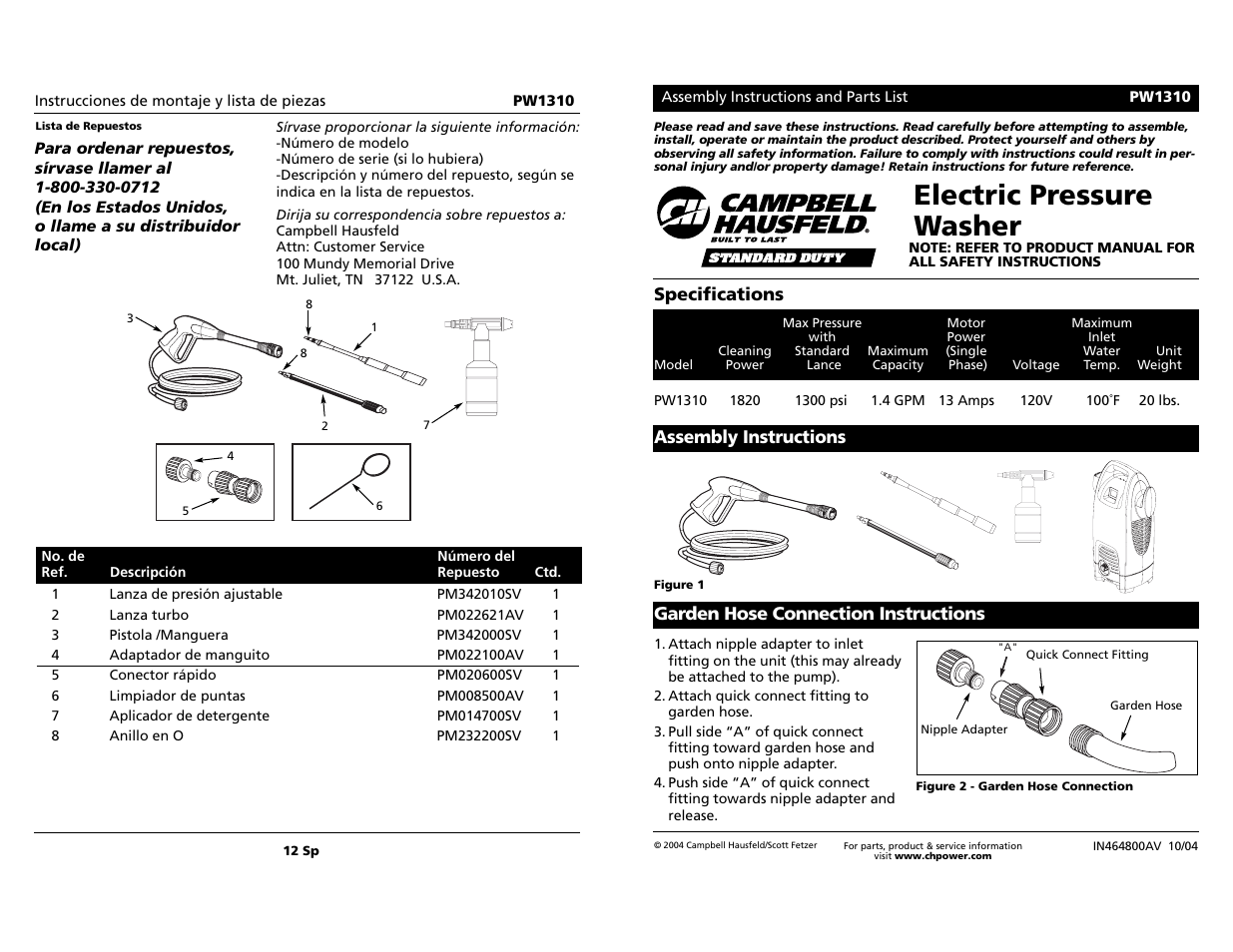 Campbell Hausfeld PW1310 User Manual | 6 pages