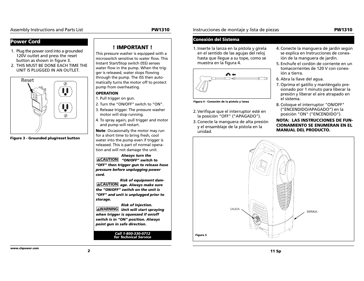 Power cord, Important | Campbell Hausfeld PW1310 User Manual | Page 2 / 6