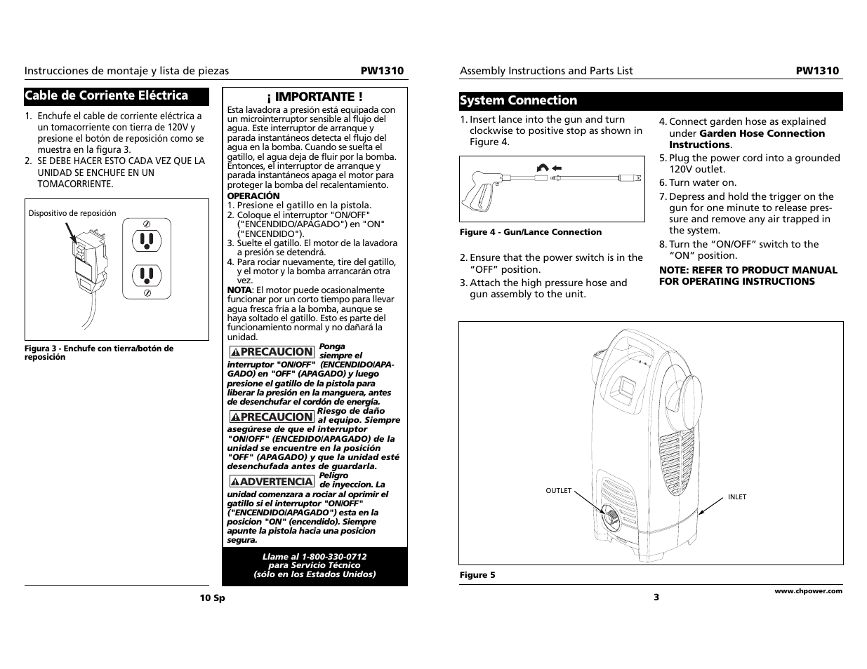 Cable de corriente eléctrica, System connection, Importante | Campbell Hausfeld PW1310 User Manual | Page 3 / 6