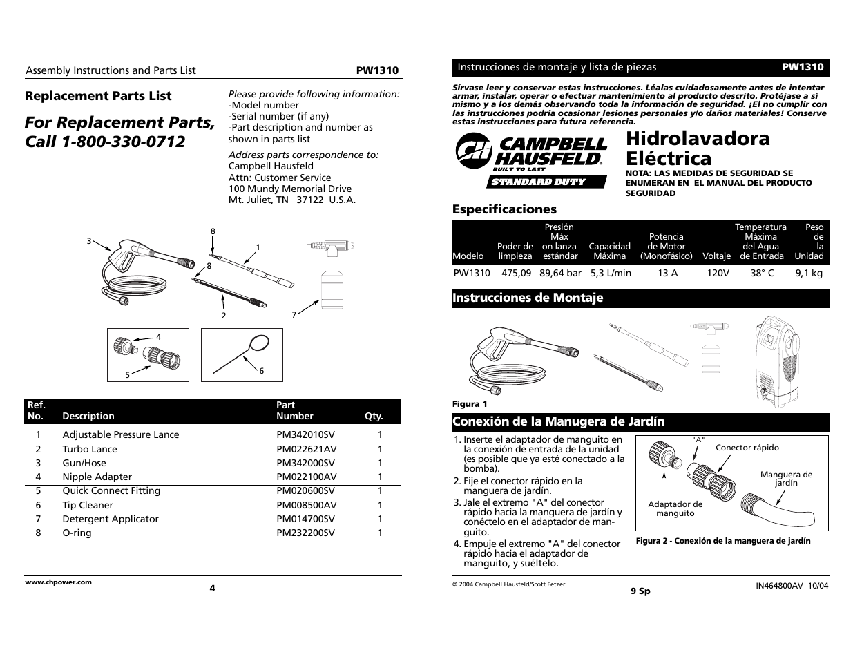 Hidrolavadora eléctrica, Conexión de la manugera de jardín especificaciones, Instrucciones de montaje | Replacement parts list | Campbell Hausfeld PW1310 User Manual | Page 4 / 6