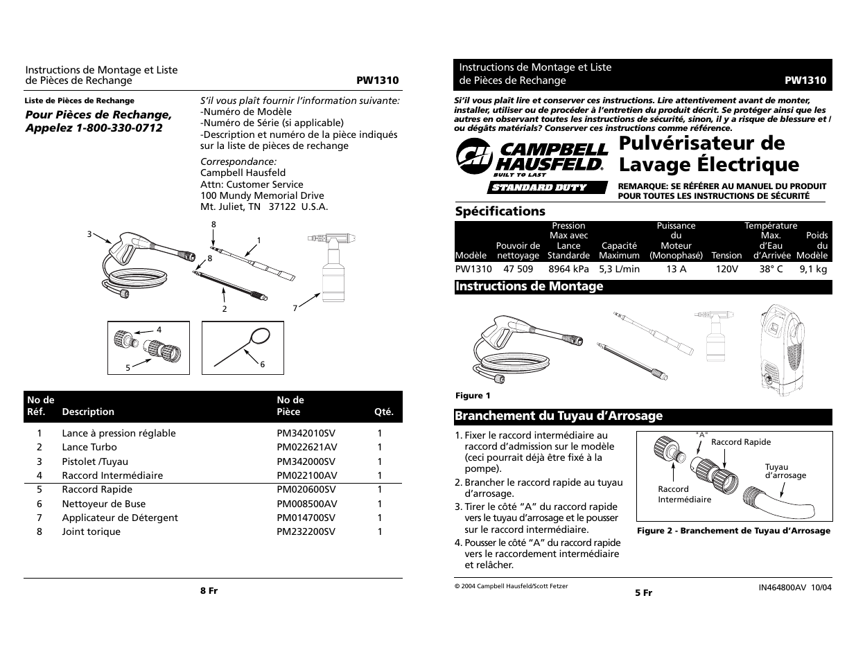 Pulvérisateur de lavage électrique, Spécifications | Campbell Hausfeld PW1310 User Manual | Page 5 / 6