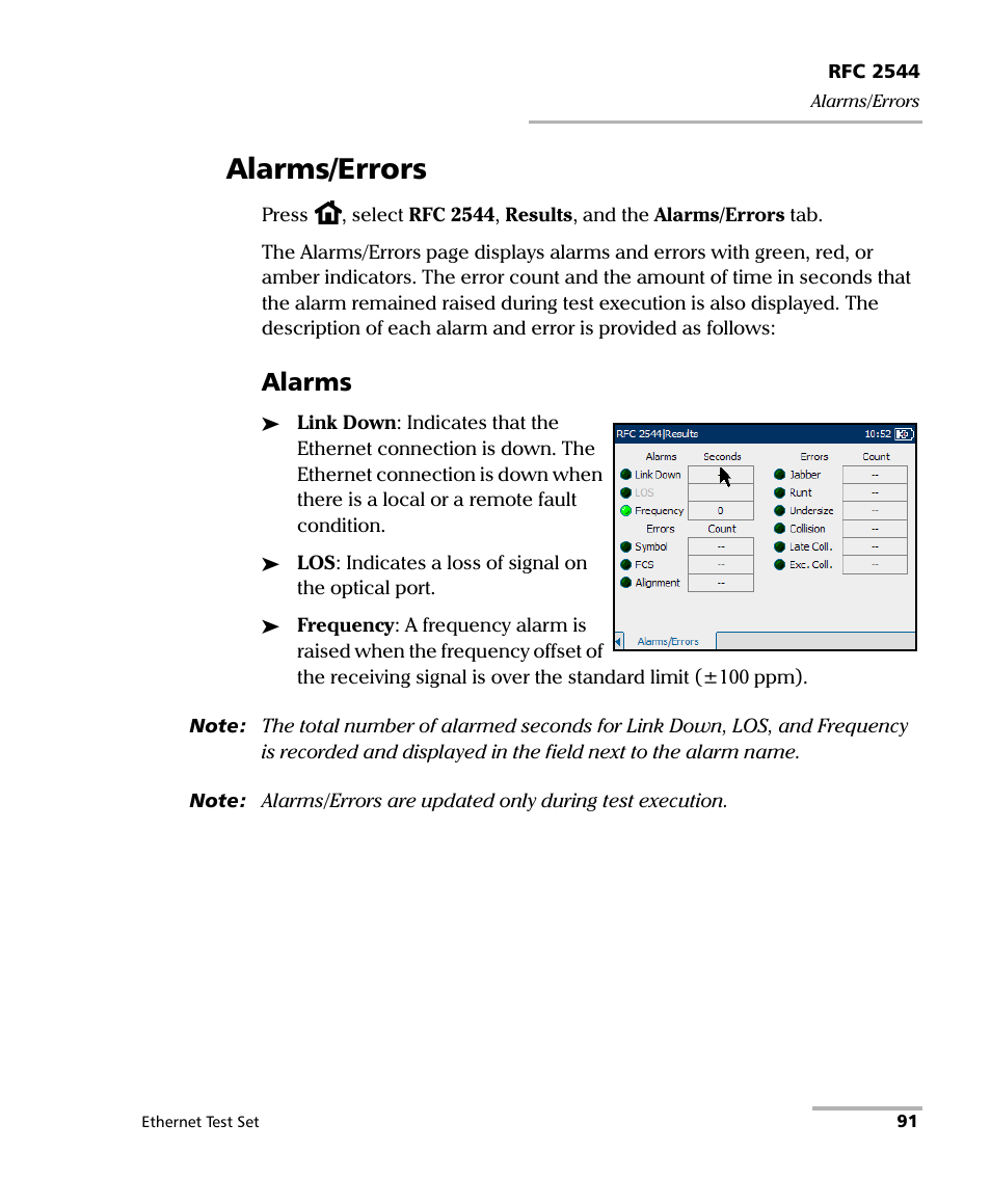 Alarms/errors, Alarms | EXFO AXS-200/850 Ethernet Test Set User Manual | Page 101 / 262