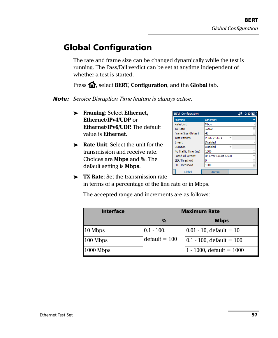 Global configuration, Global configuration on | EXFO AXS-200/850 Ethernet Test Set User Manual | Page 107 / 262