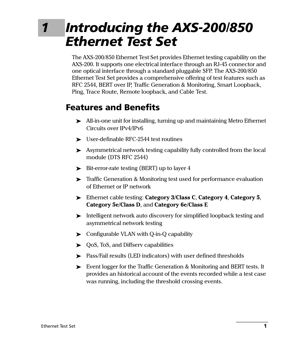 1 introducing the axs-200/850 ethernet test set, Features and benefits | EXFO AXS-200/850 Ethernet Test Set User Manual | Page 11 / 262
