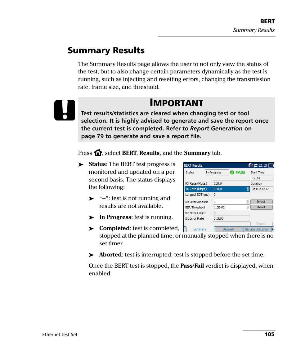 Summary results, Mportant | EXFO AXS-200/850 Ethernet Test Set User Manual | Page 115 / 262