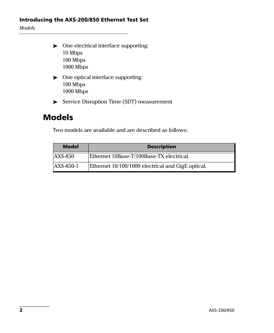 Models | EXFO AXS-200/850 Ethernet Test Set User Manual | Page 12 / 262