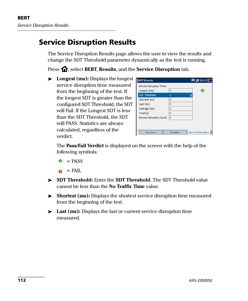 Service disruption results | EXFO AXS-200/850 Ethernet Test Set User Manual | Page 122 / 262