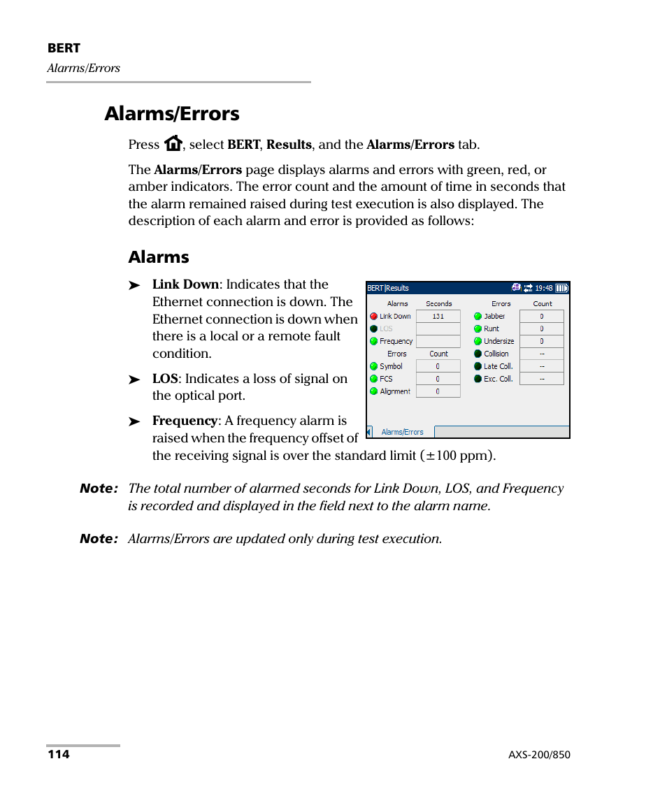 Alarms/errors, Alarms | EXFO AXS-200/850 Ethernet Test Set User Manual | Page 124 / 262