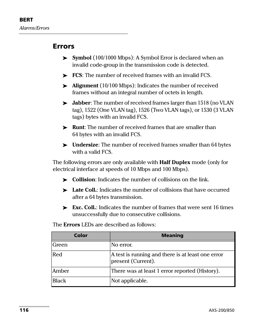Errors | EXFO AXS-200/850 Ethernet Test Set User Manual | Page 126 / 262