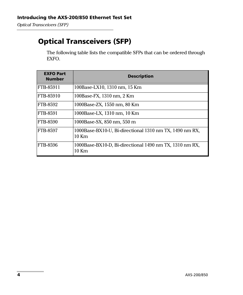 Optical transceivers (sfp) | EXFO AXS-200/850 Ethernet Test Set User Manual | Page 14 / 262