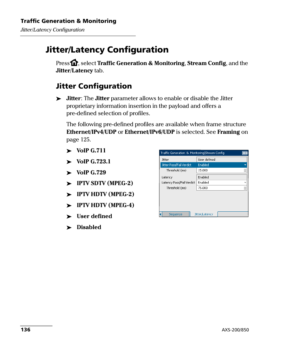 Jitter/latency configuration, Jitter configuration | EXFO AXS-200/850 Ethernet Test Set User Manual | Page 146 / 262