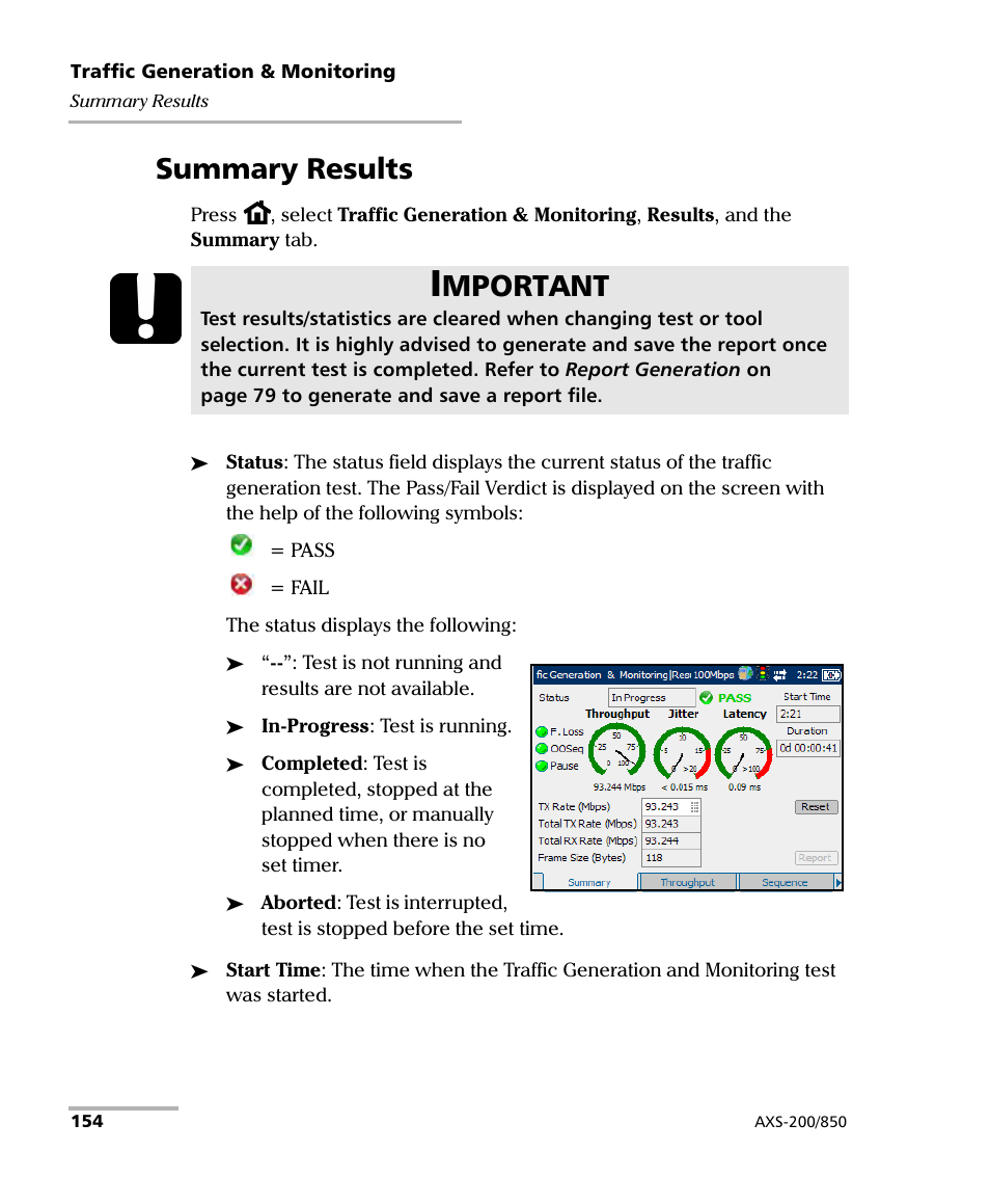 Summary results, Mportant | EXFO AXS-200/850 Ethernet Test Set User Manual | Page 164 / 262