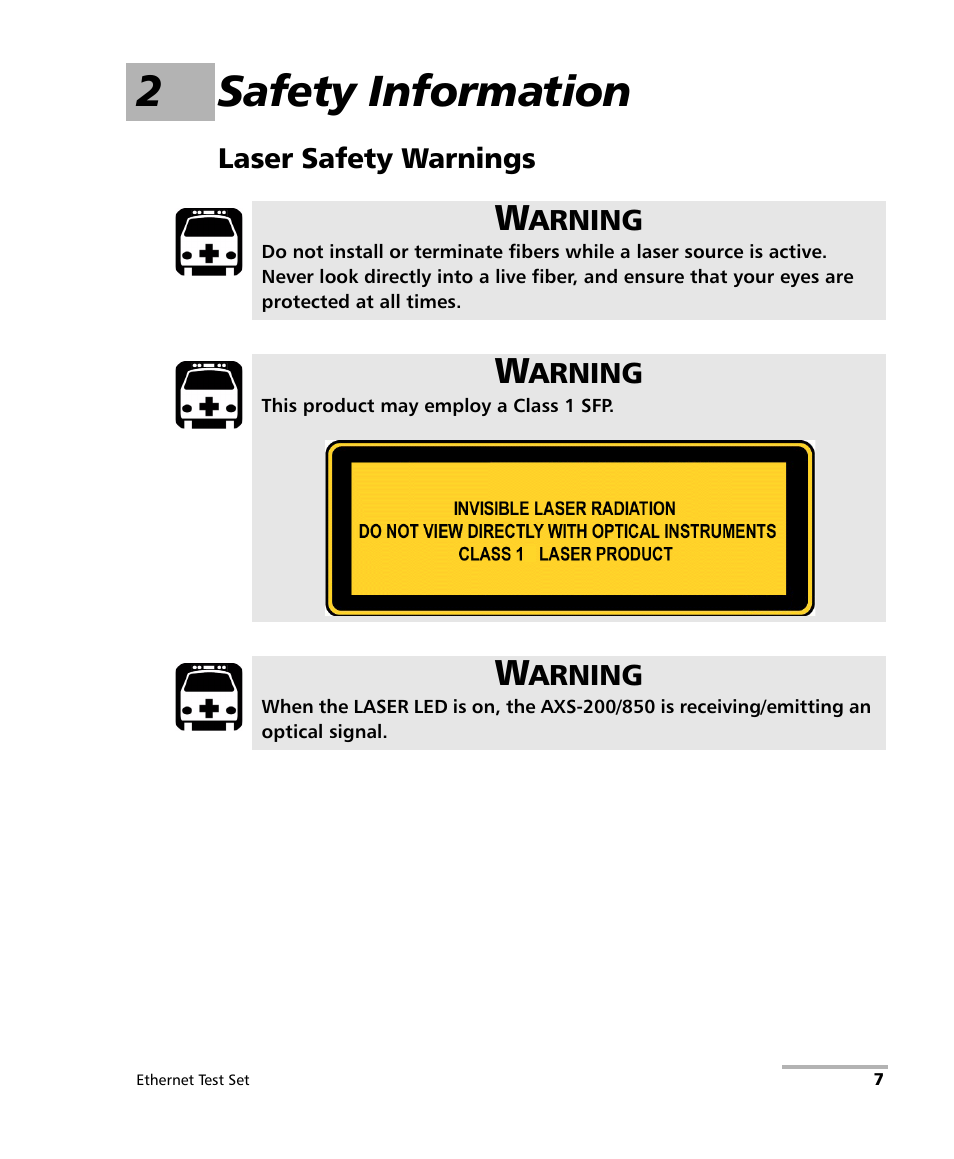 2 safety information, Laser safety warnings, 2safety information | EXFO AXS-200/850 Ethernet Test Set User Manual | Page 17 / 262