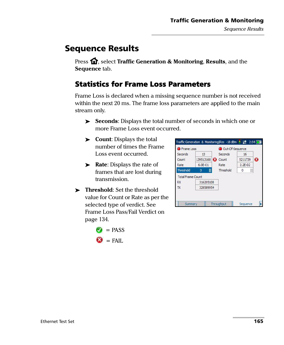 Sequence results, Statistics for frame loss parameters | EXFO AXS-200/850 Ethernet Test Set User Manual | Page 175 / 262