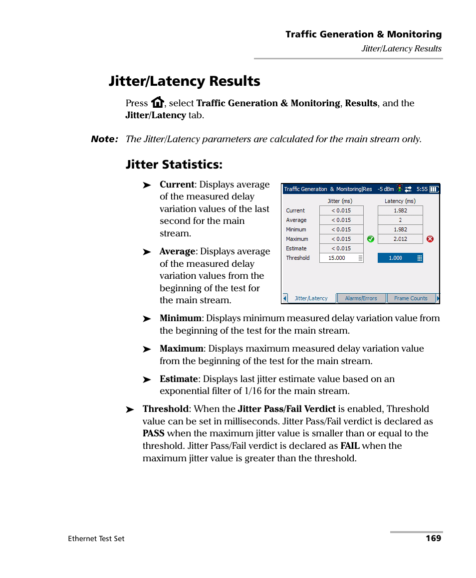 Jitter/latency results, Jitter statistics | EXFO AXS-200/850 Ethernet Test Set User Manual | Page 179 / 262
