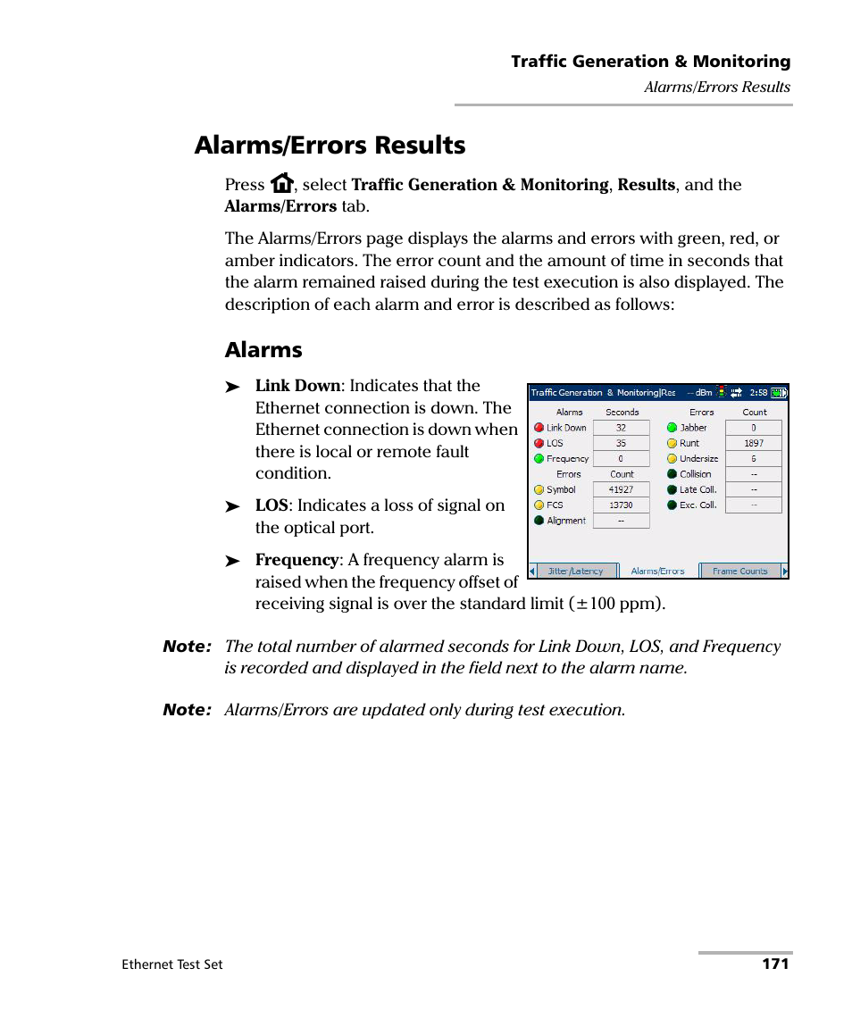 Alarms/errors results, Alarms | EXFO AXS-200/850 Ethernet Test Set User Manual | Page 181 / 262