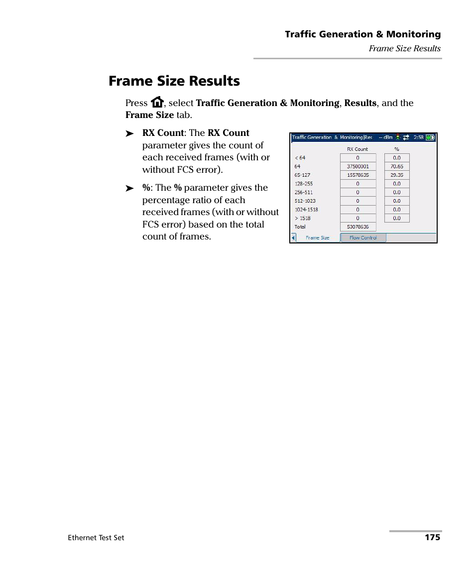 Frame size results | EXFO AXS-200/850 Ethernet Test Set User Manual | Page 185 / 262