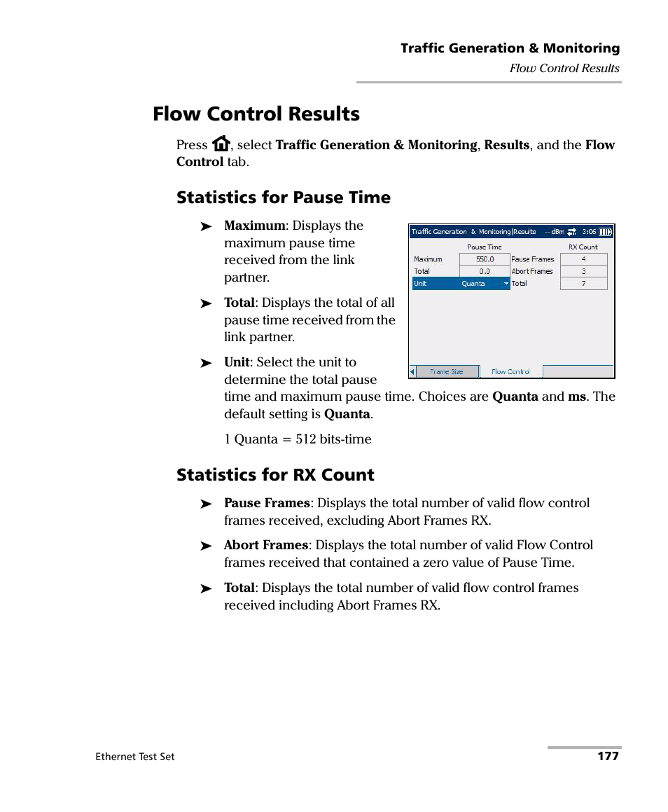 Flow control results, Statistics for pause time, Statistics for rx count | EXFO AXS-200/850 Ethernet Test Set User Manual | Page 187 / 262