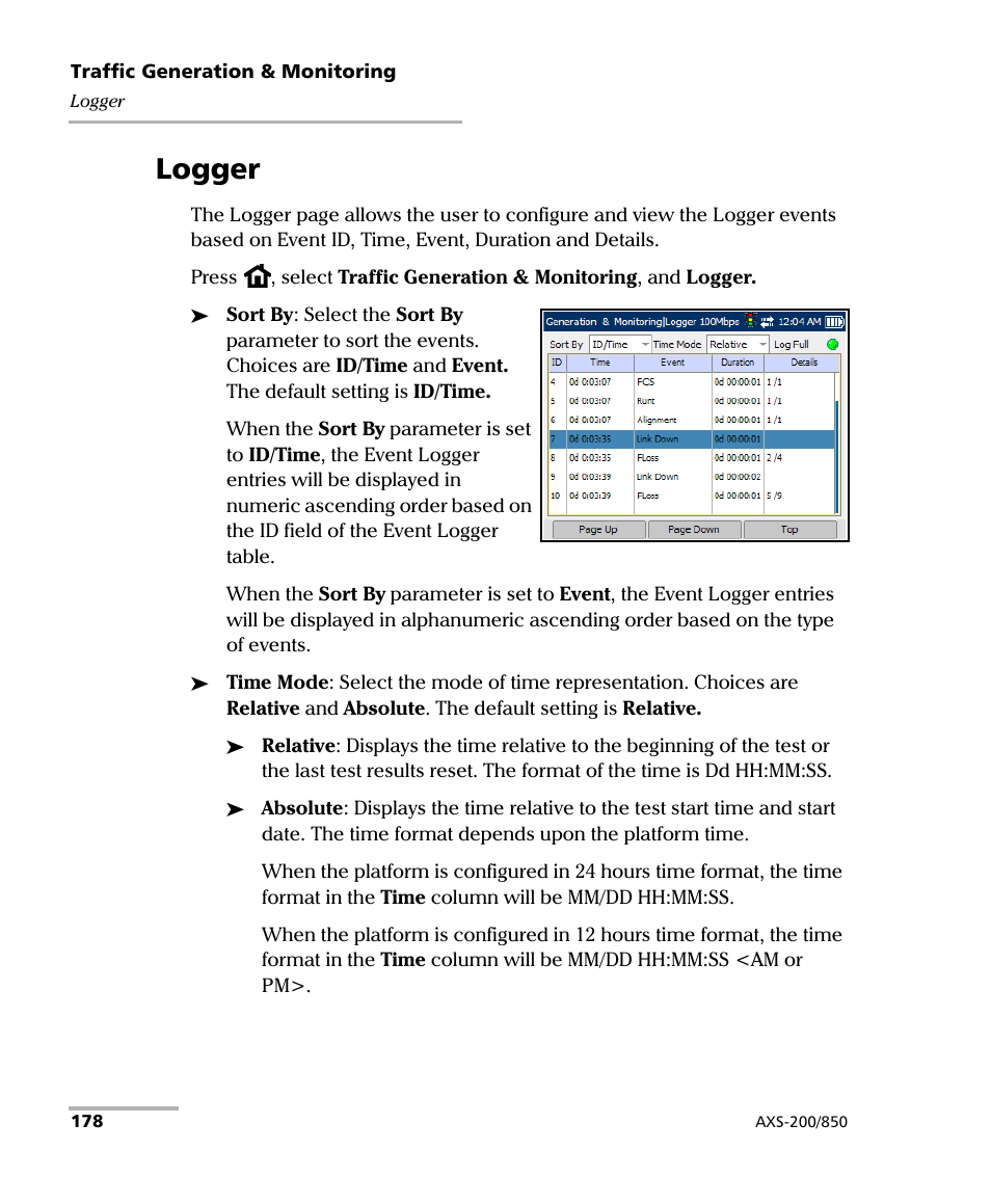 Logger | EXFO AXS-200/850 Ethernet Test Set User Manual | Page 188 / 262