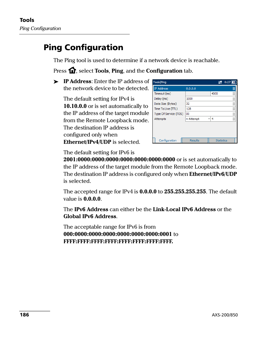 Ping configuration | EXFO AXS-200/850 Ethernet Test Set User Manual | Page 196 / 262