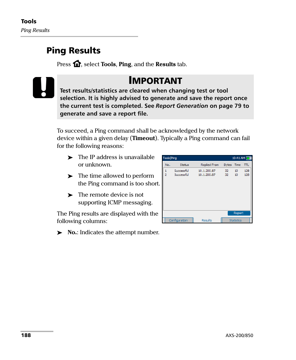 Ping results, Mportant | EXFO AXS-200/850 Ethernet Test Set User Manual | Page 198 / 262