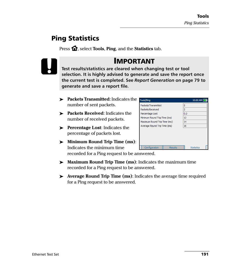 Ping statistics, Mportant | EXFO AXS-200/850 Ethernet Test Set User Manual | Page 201 / 262