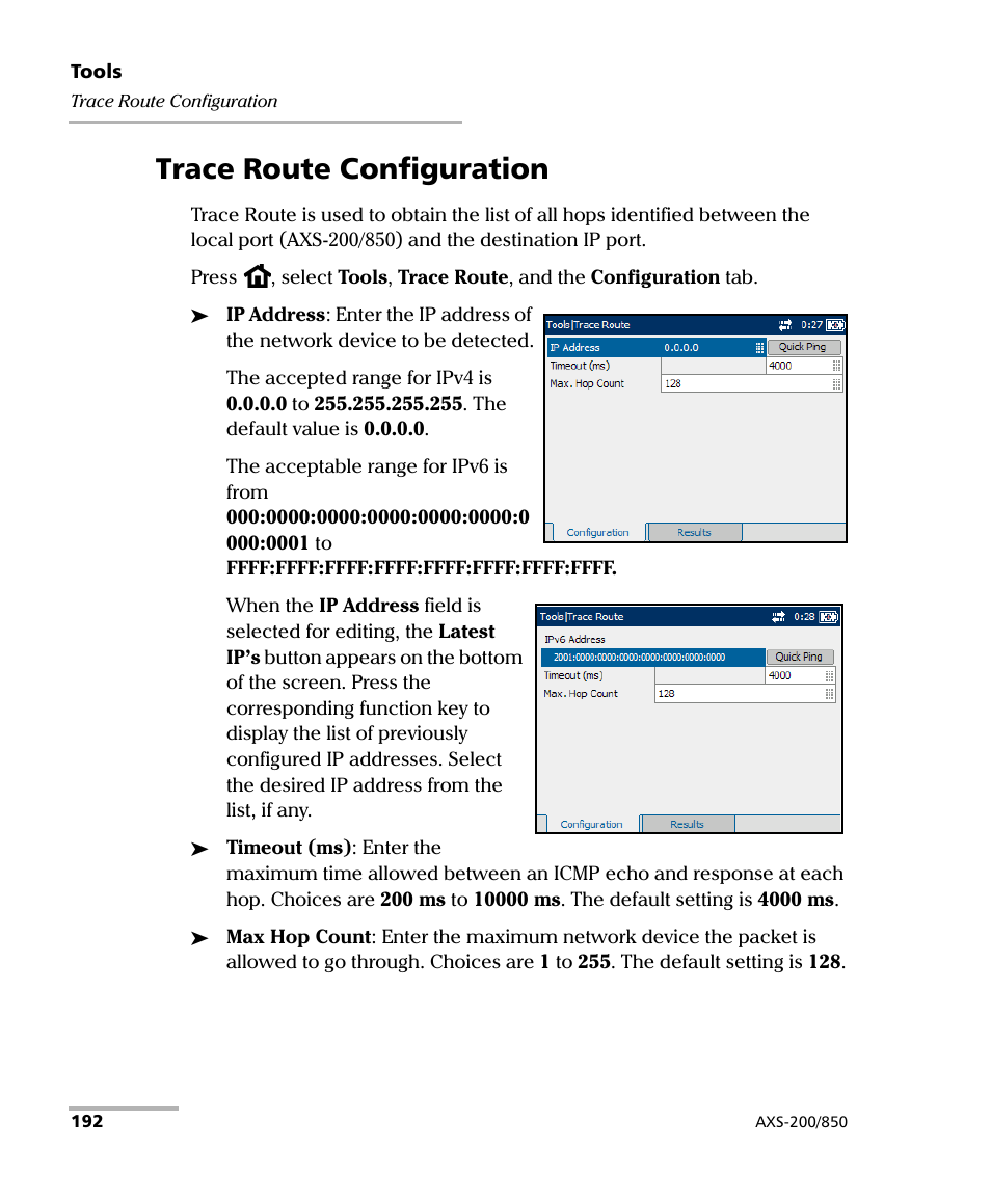 Trace route configuration, Trace route | EXFO AXS-200/850 Ethernet Test Set User Manual | Page 202 / 262