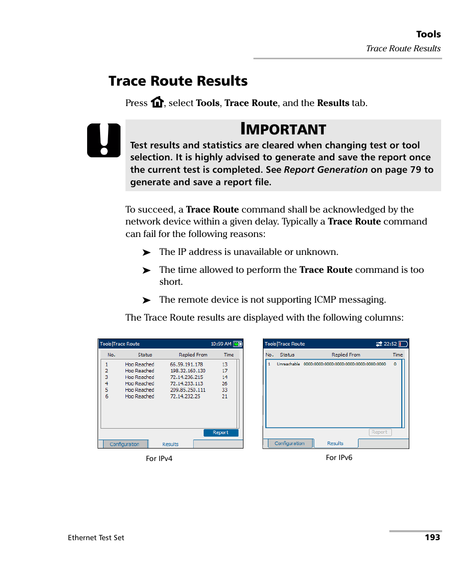 Trace route results, Mportant | EXFO AXS-200/850 Ethernet Test Set User Manual | Page 203 / 262