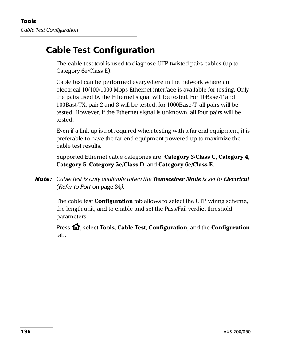 Cable test configuration, Ing to cable test configuration | EXFO AXS-200/850 Ethernet Test Set User Manual | Page 206 / 262