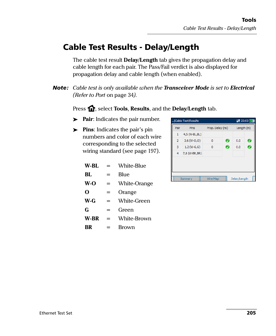 Cable test results - delay/length | EXFO AXS-200/850 Ethernet Test Set User Manual | Page 215 / 262
