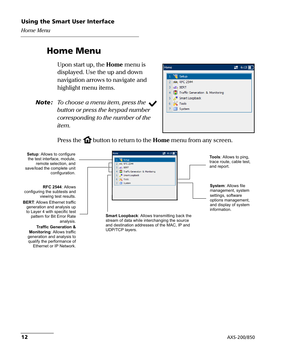 Home menu | EXFO AXS-200/850 Ethernet Test Set User Manual | Page 22 / 262