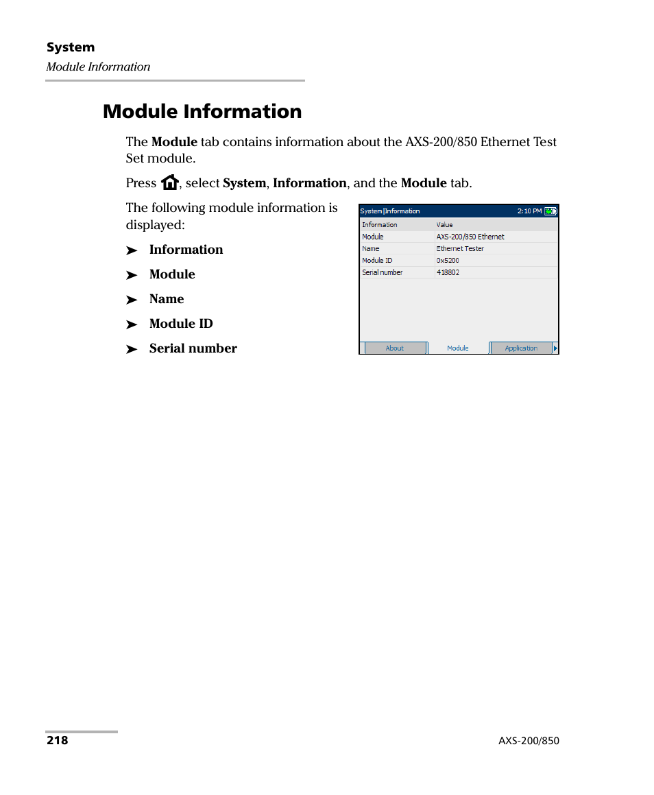 Module information | EXFO AXS-200/850 Ethernet Test Set User Manual | Page 228 / 262