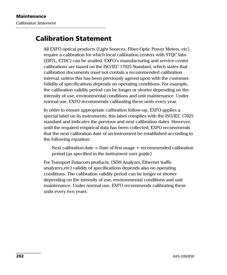 Calibration statement | EXFO AXS-200/850 Ethernet Test Set User Manual | Page 230 / 262