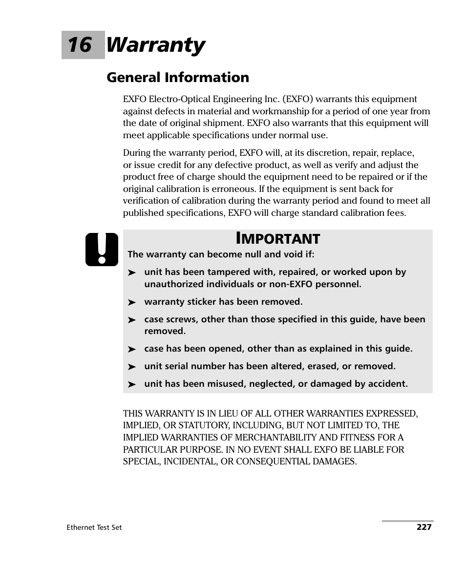16 warranty, General information, Mportant | EXFO AXS-200/850 Ethernet Test Set User Manual | Page 237 / 262