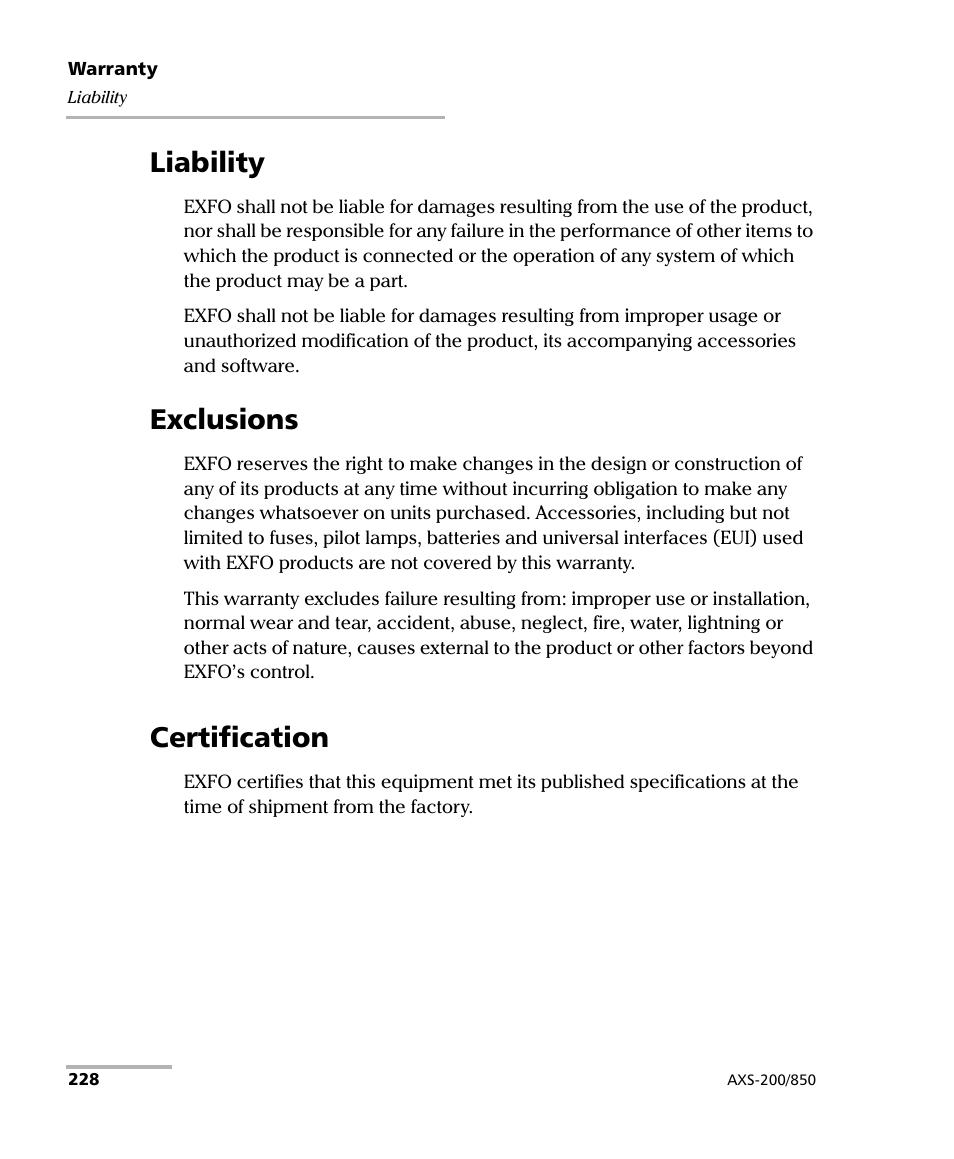 Liability, Exclusions, Certification | Liability exclusions certification | EXFO AXS-200/850 Ethernet Test Set User Manual | Page 238 / 262