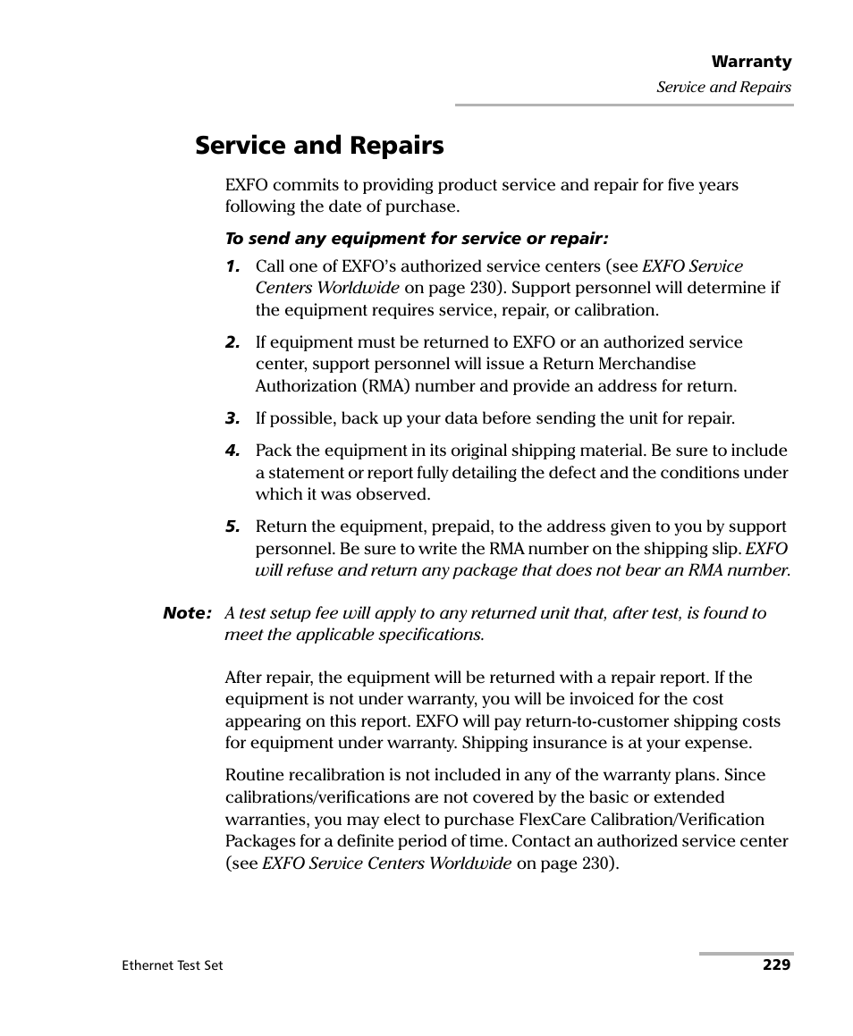 Service and repairs | EXFO AXS-200/850 Ethernet Test Set User Manual | Page 239 / 262