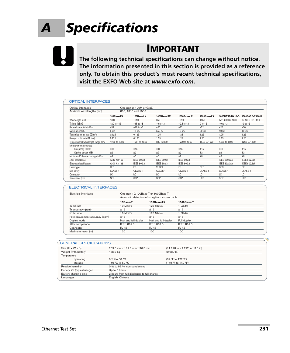 A specifications, Mportant, Ethernet test set | EXFO AXS-200/850 Ethernet Test Set User Manual | Page 241 / 262