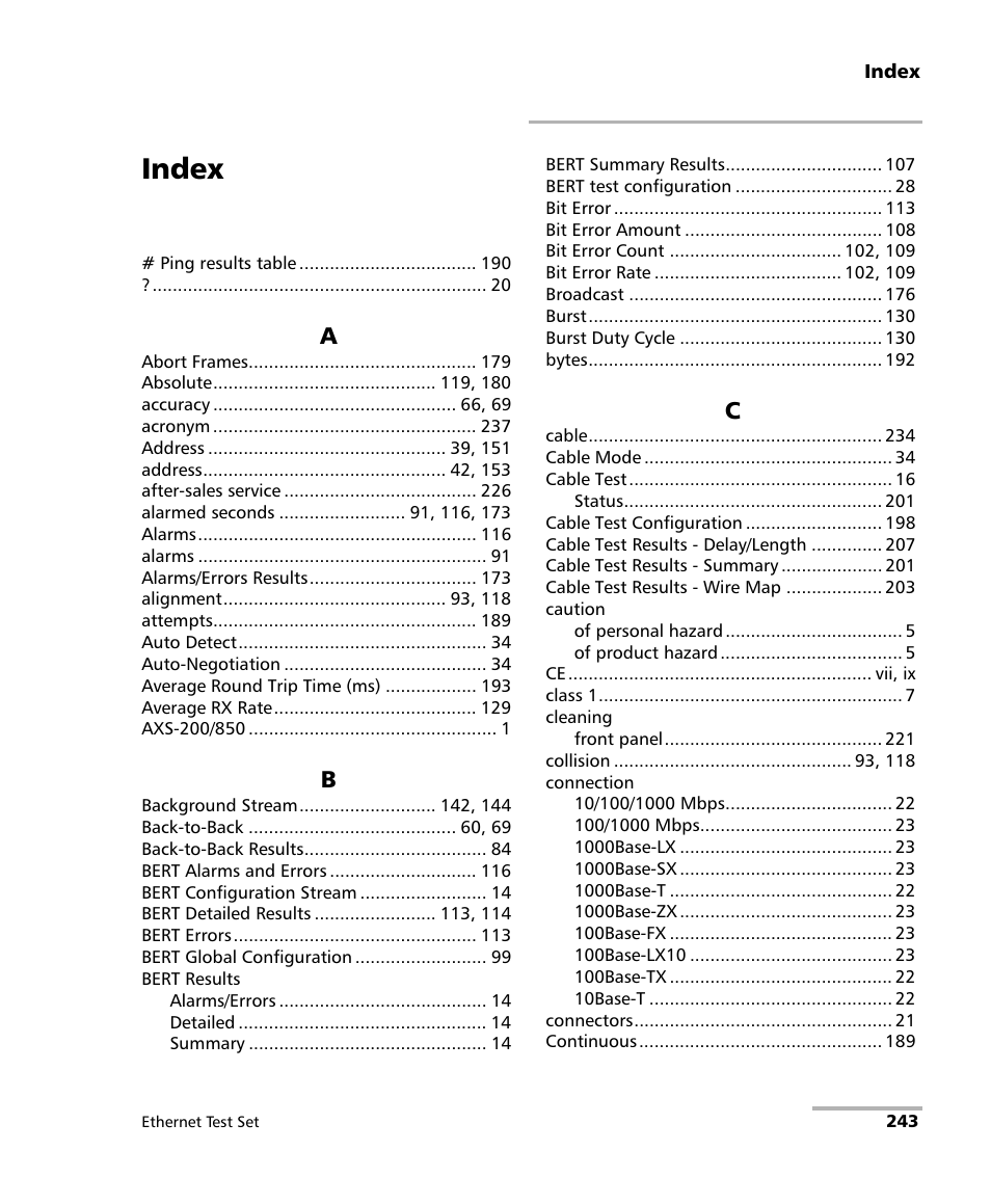 Index | EXFO AXS-200/850 Ethernet Test Set User Manual | Page 253 / 262