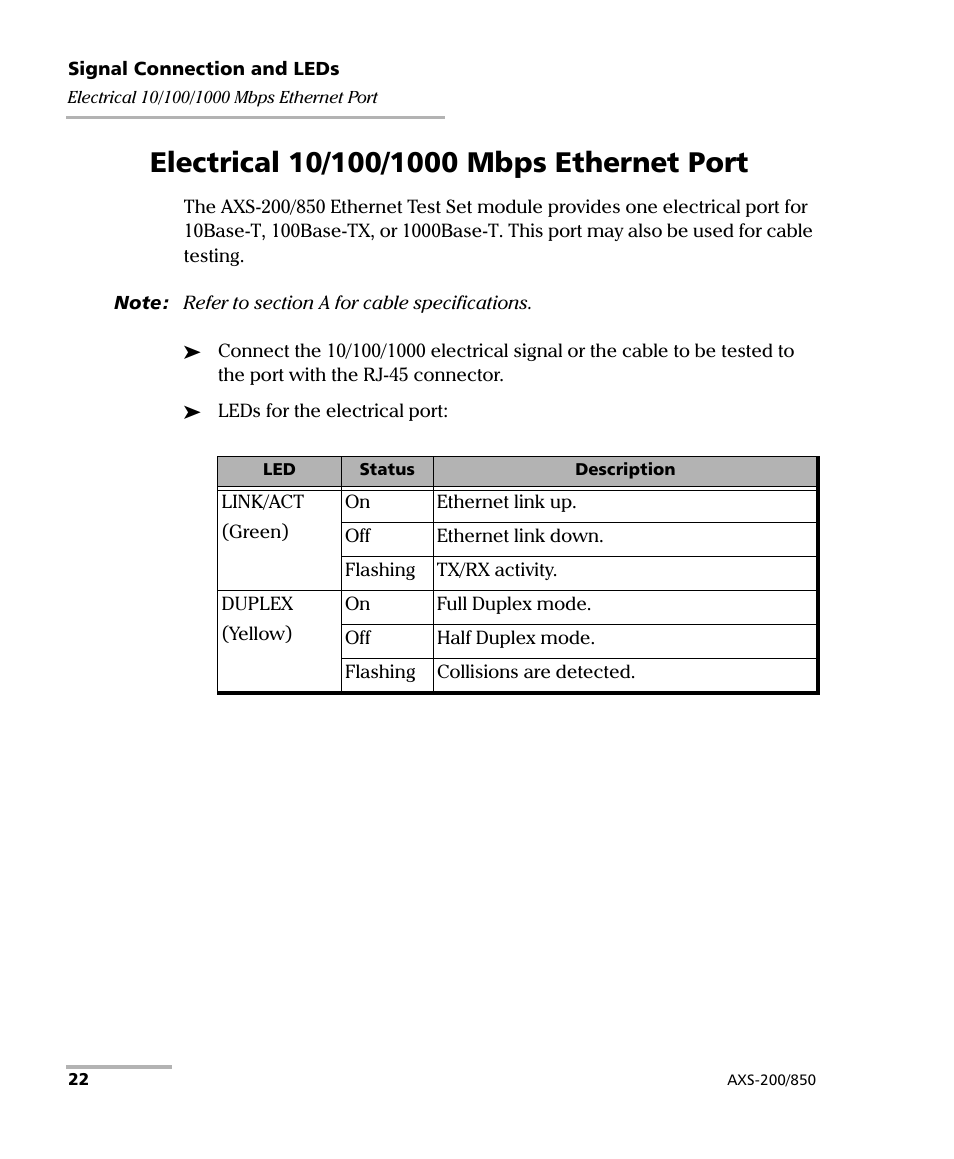 Electrical 10/100/1000 mbps ethernet port | EXFO AXS-200/850 Ethernet Test Set User Manual | Page 32 / 262