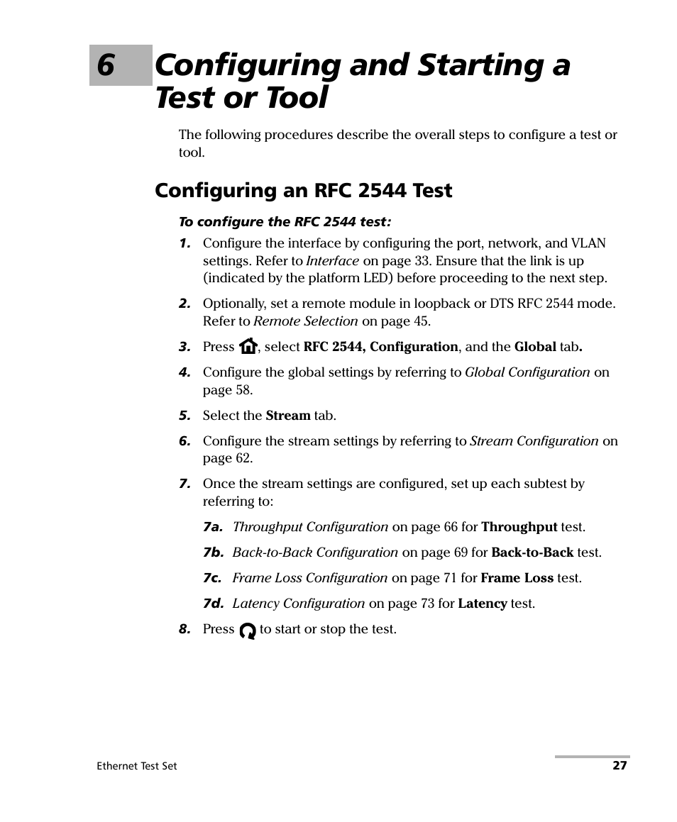 6 configuring and starting a test or tool, Configuring an rfc 2544 test, 6configuring and starting a test or tool | EXFO AXS-200/850 Ethernet Test Set User Manual | Page 37 / 262