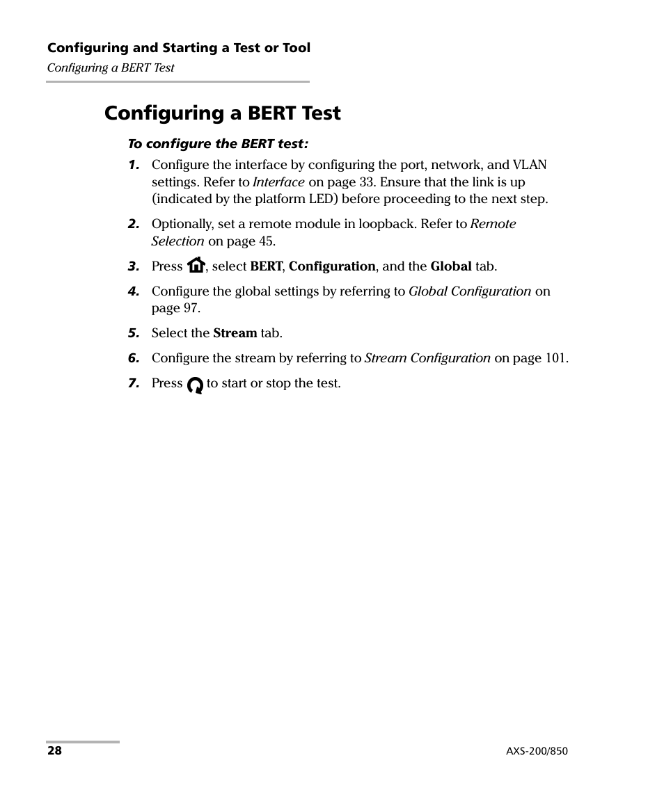 Configuring a bert test | EXFO AXS-200/850 Ethernet Test Set User Manual | Page 38 / 262