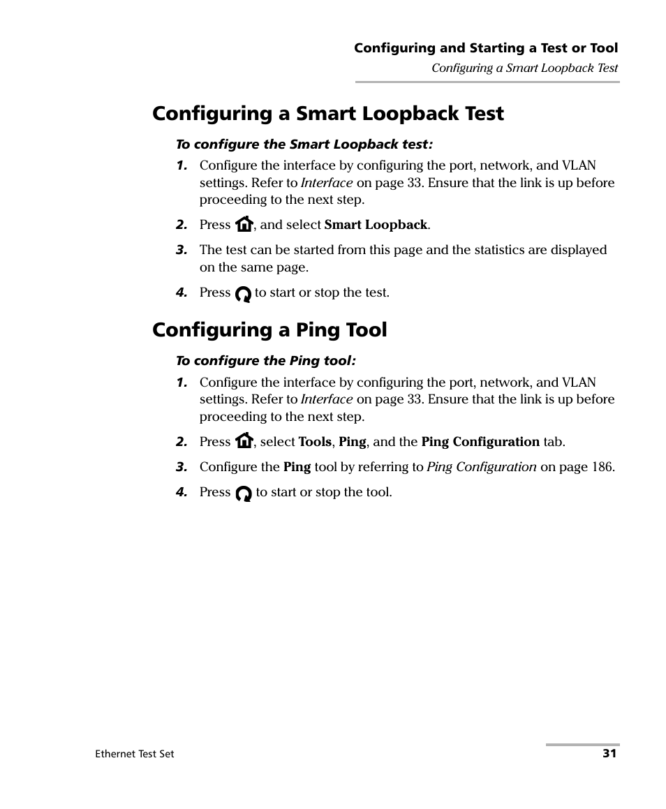 Configuring a smart loopback test, Configuring a ping tool | EXFO AXS-200/850 Ethernet Test Set User Manual | Page 41 / 262