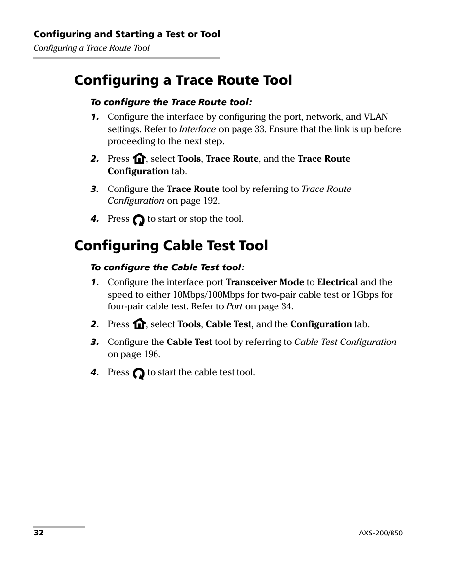 Configuring a trace route tool, Configuring cable test tool | EXFO AXS-200/850 Ethernet Test Set User Manual | Page 42 / 262