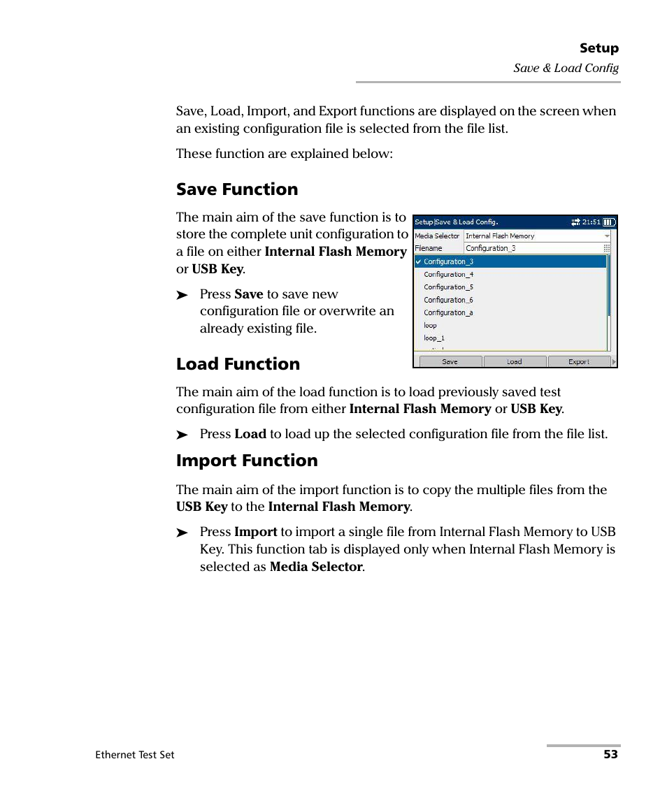Save function, Load function, Import function | EXFO AXS-200/850 Ethernet Test Set User Manual | Page 63 / 262