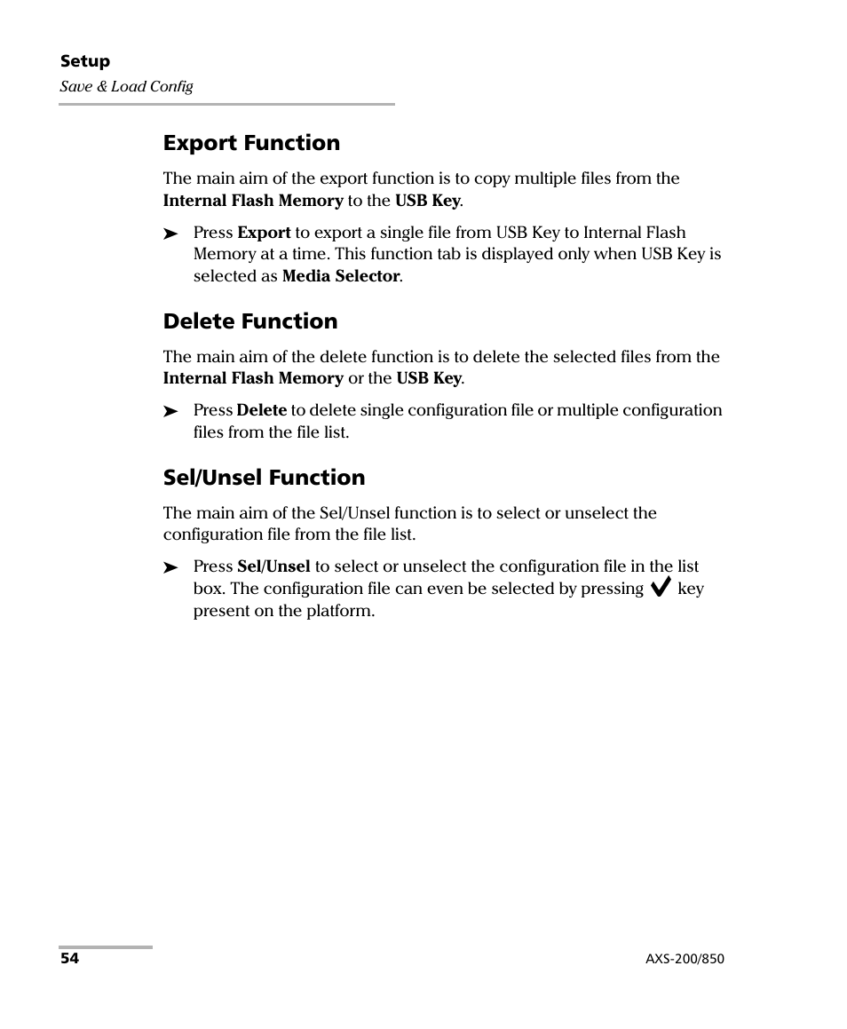 Export function, Delete function, Sel/unsel function | EXFO AXS-200/850 Ethernet Test Set User Manual | Page 64 / 262