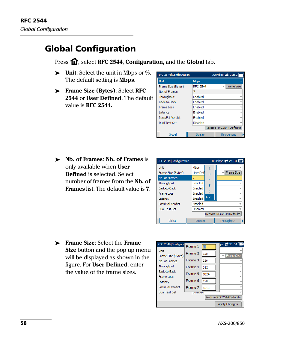 Global configuration, Global configuration on | EXFO AXS-200/850 Ethernet Test Set User Manual | Page 68 / 262