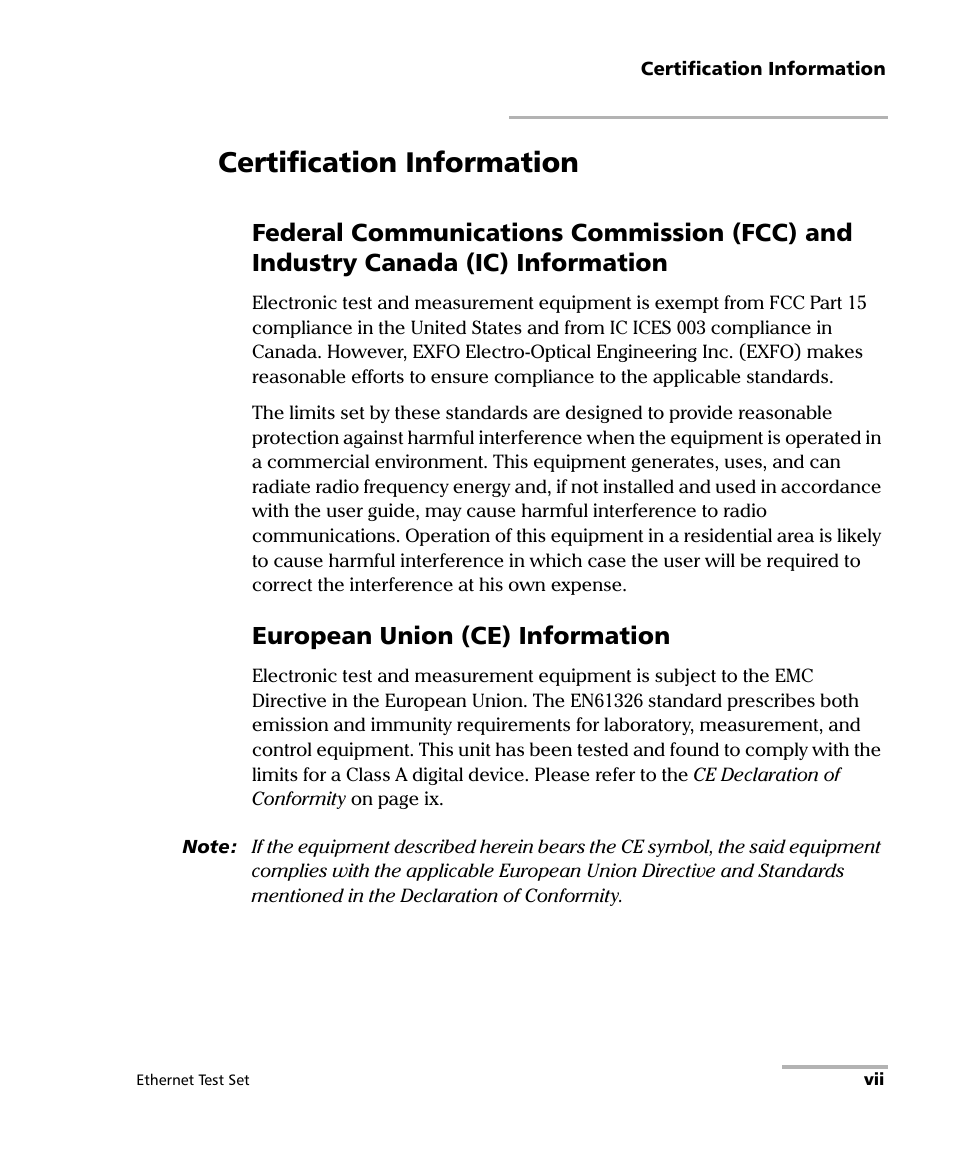 Certification information, European union (ce) information | EXFO AXS-200/850 Ethernet Test Set User Manual | Page 7 / 262