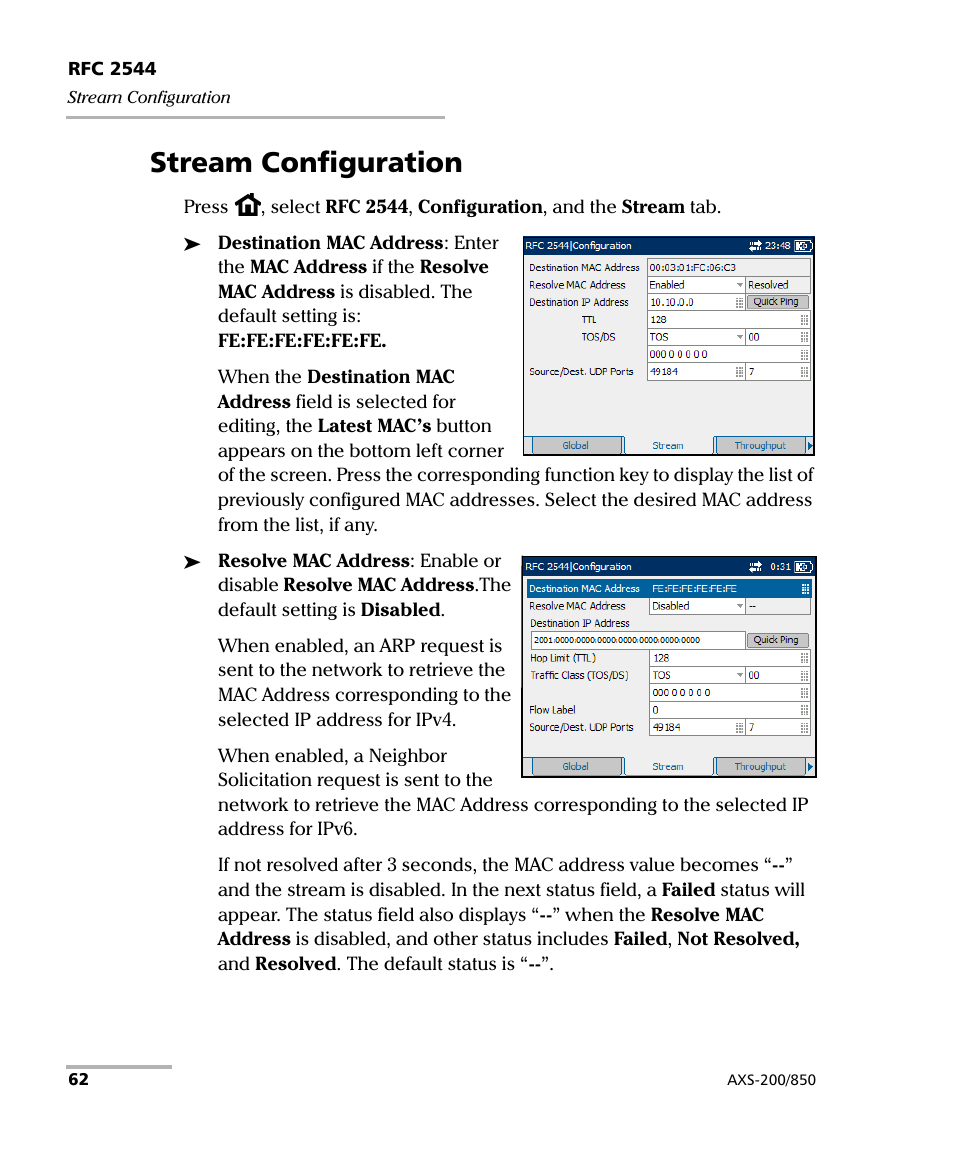 Stream configuration, Stream configuration on | EXFO AXS-200/850 Ethernet Test Set User Manual | Page 72 / 262